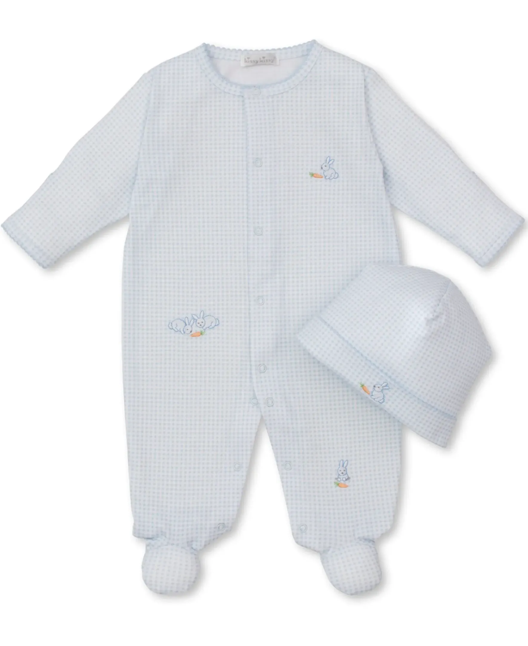 Kissy Kissy Baby Bunny Patch Blue Gingham Footie & Hat Set> Hats|Footies