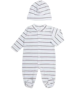 Kissy Kissy Blue Stripe Velour Footie & Hat Set> Hats|Footies