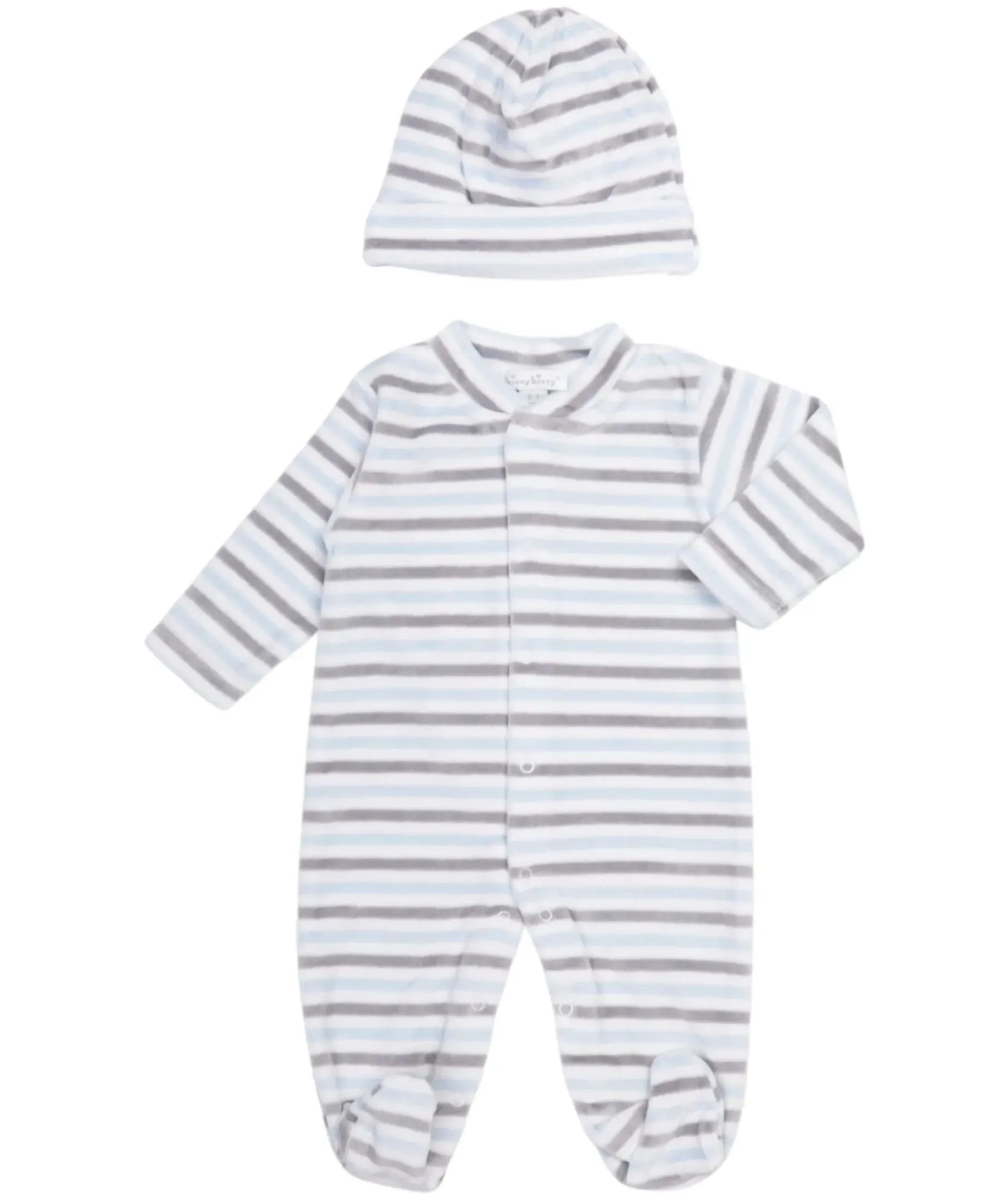 Kissy Kissy Blue Stripe Velour Footie & Hat Set> Hats|Footies