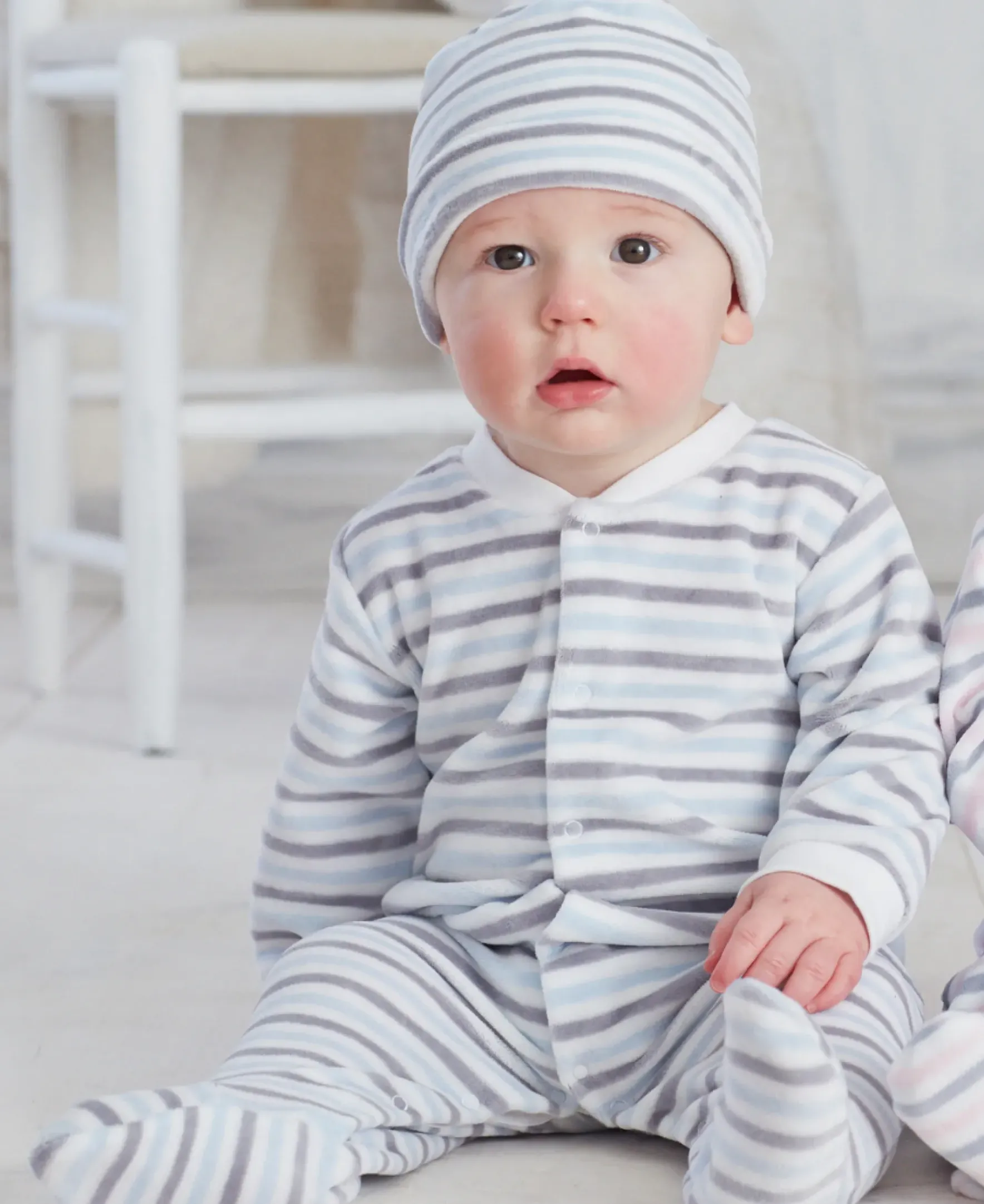 Kissy Kissy Blue Stripe Velour Footie & Hat Set> Hats|Footies