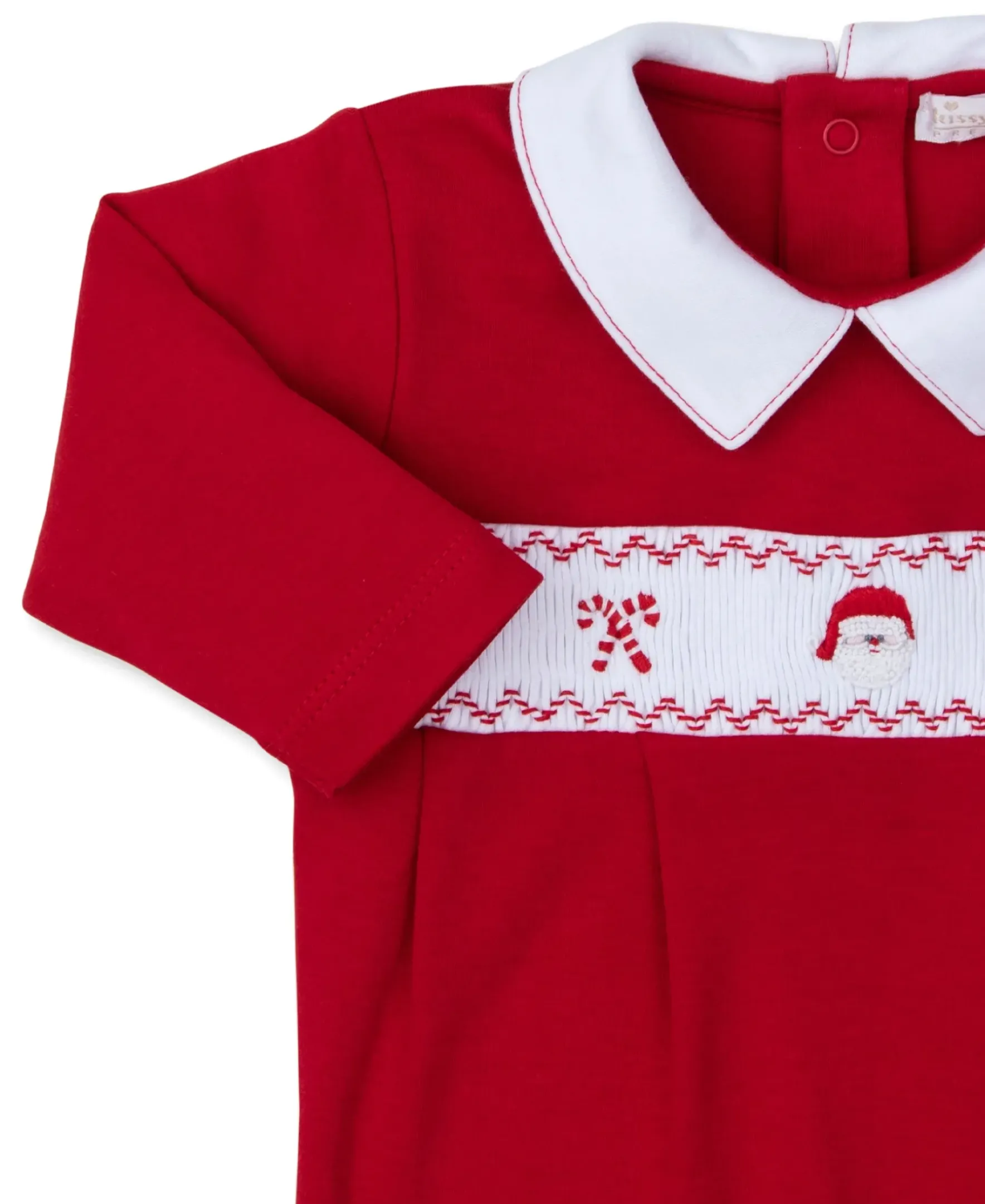Kissy Kissy CLB Holiday Medley 24 Hand Smocked Santa Collar Footie> Footies|Smocking + Hand Embroidery