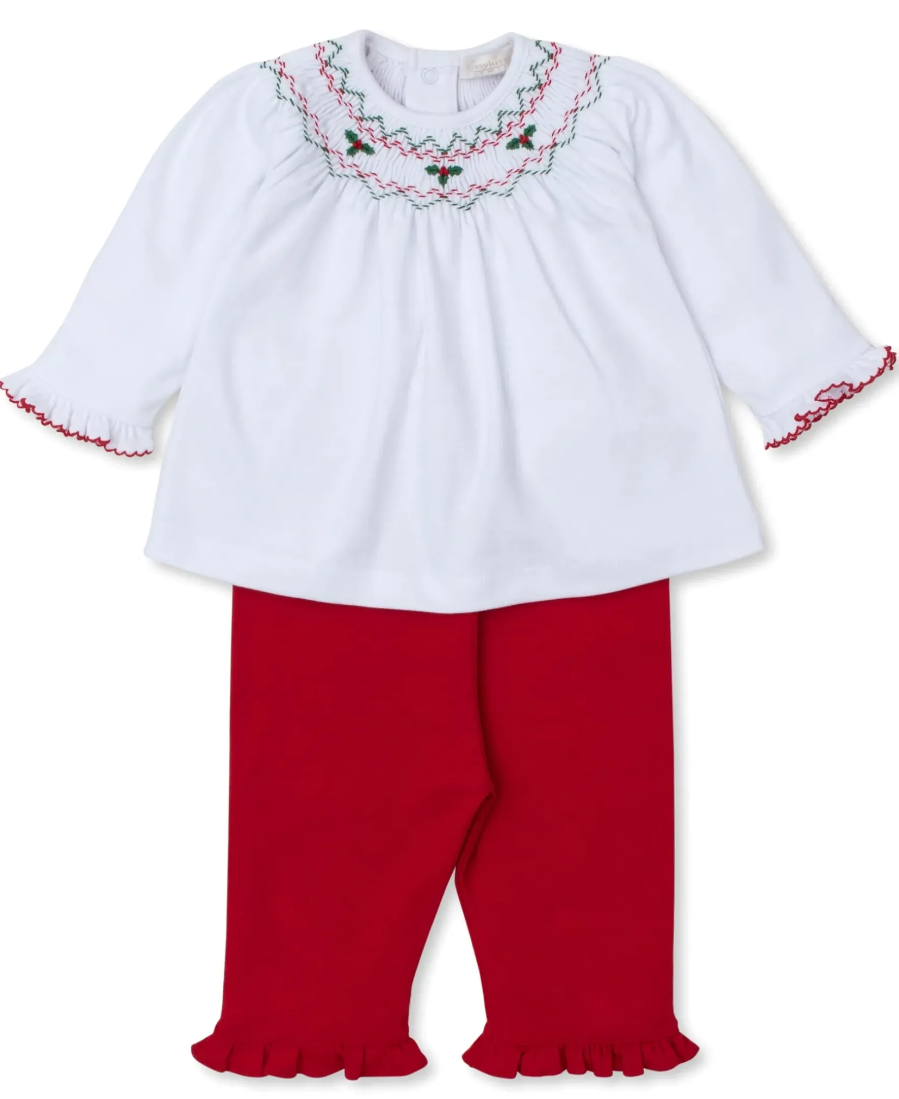 Kissy Kissy CLB Holiday Medley 24 Hand Smocked Mistletoe Pant Set> Smocking + Hand Embroidery