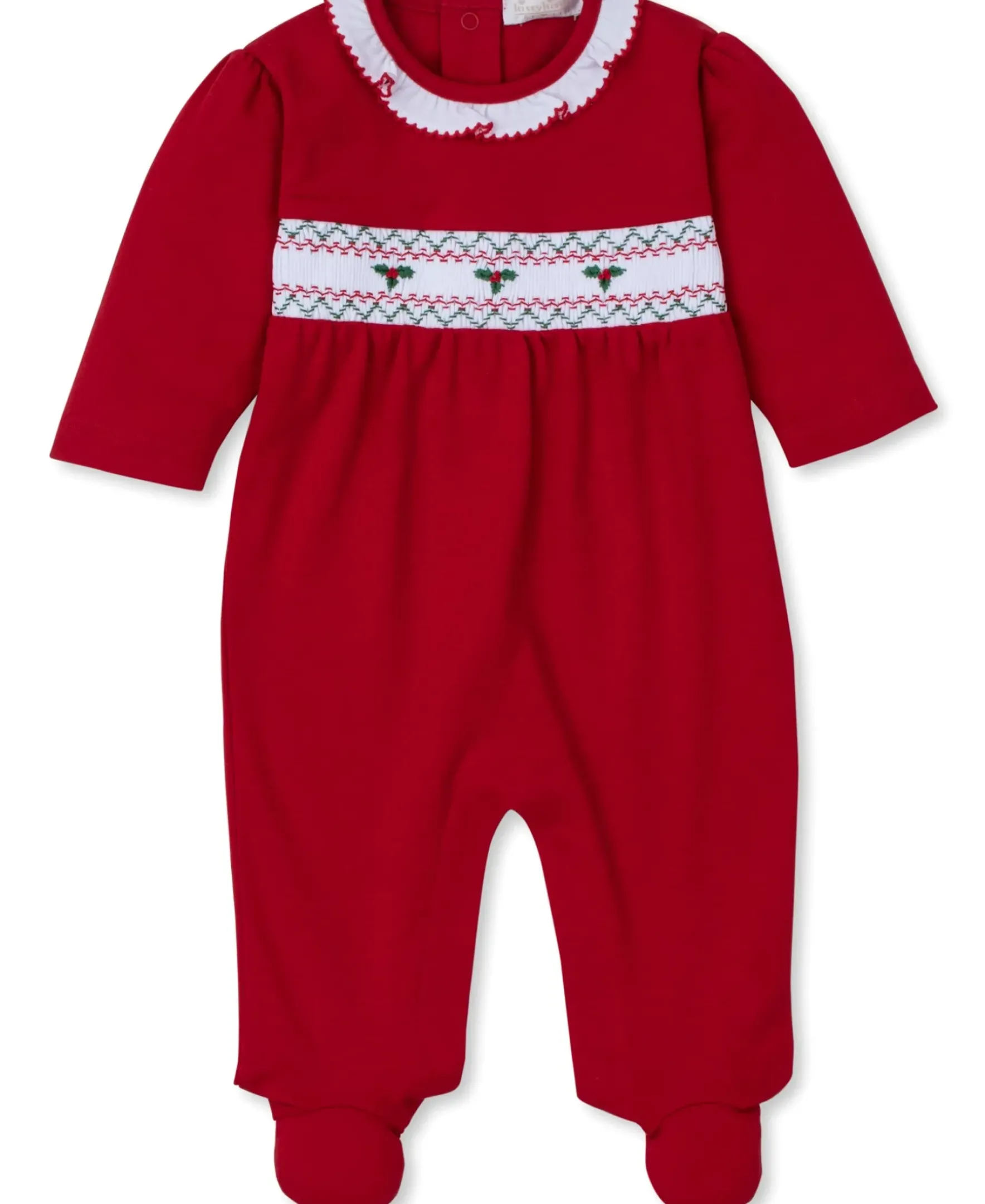 Kissy Kissy CLB Holiday Medley 24 Hand Smocked Mistletoe Footie> Footies|Smocking + Hand Embroidery
