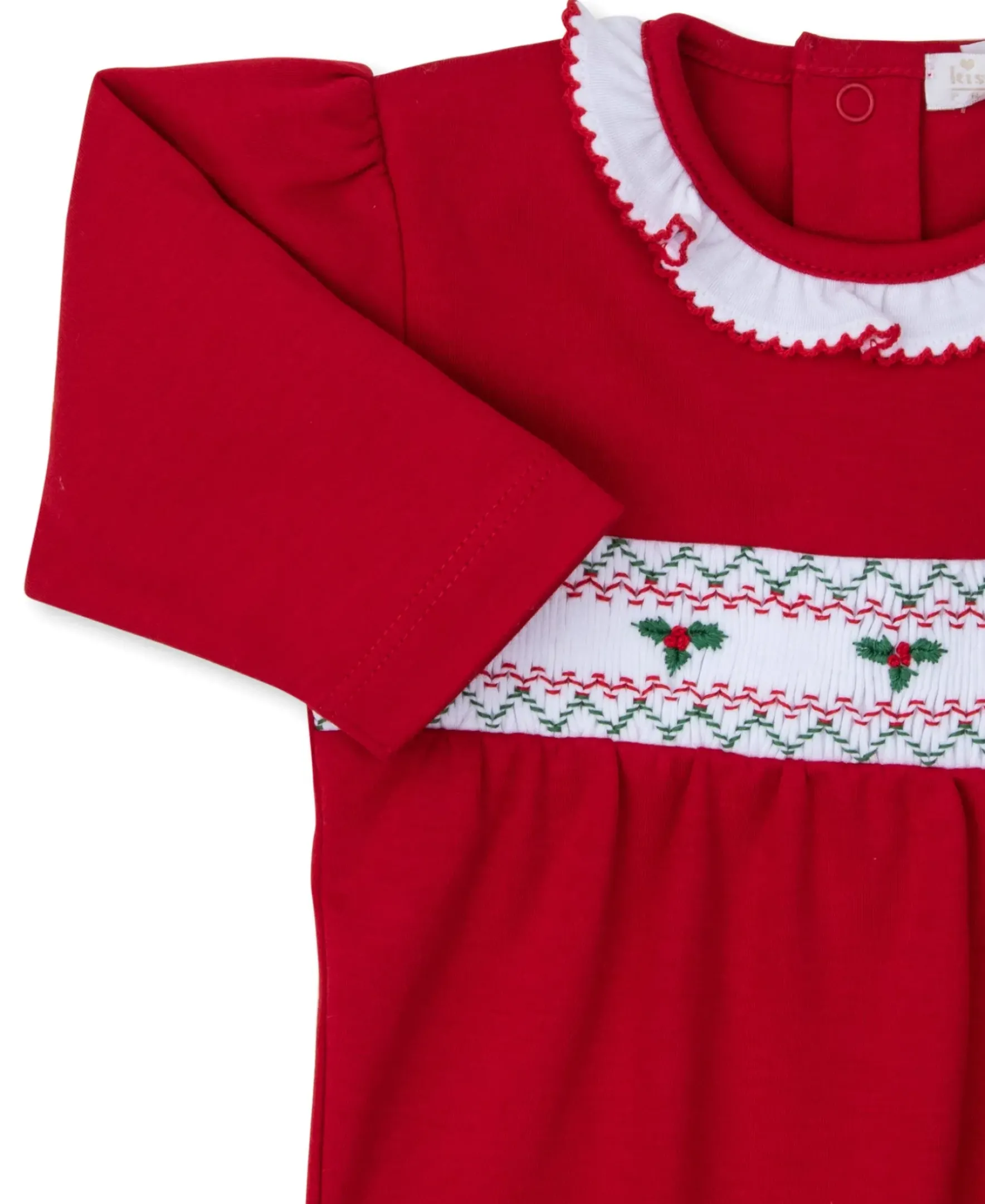 Kissy Kissy CLB Holiday Medley 24 Hand Smocked Mistletoe Footie> Footies|Smocking + Hand Embroidery