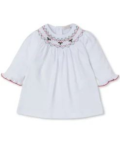 Kissy Kissy CLB Holiday Medley 24 White Hand Smocked Mistletoe Dress Set> Dresses + Bubbles|Smocking + Hand Embroidery
