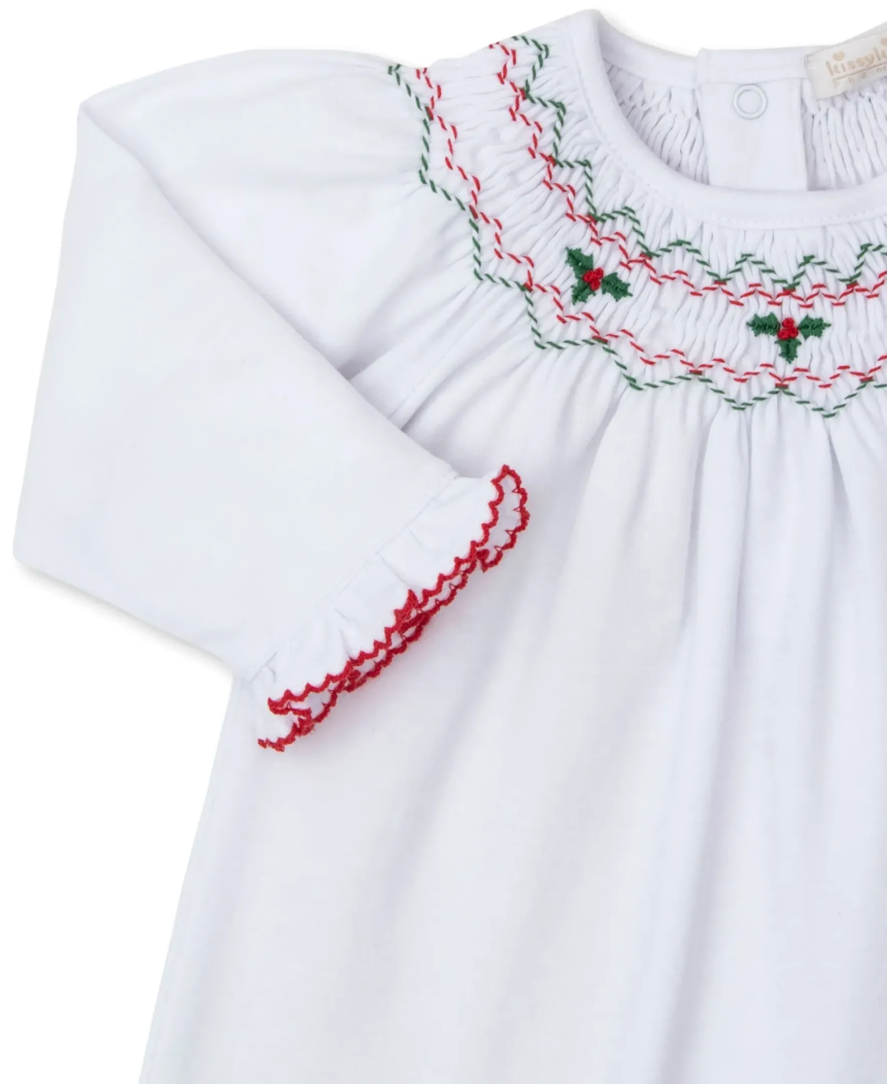Kissy Kissy CLB Holiday Medley 24 White Hand Smocked Mistletoe Dress Set> Dresses + Bubbles|Smocking + Hand Embroidery
