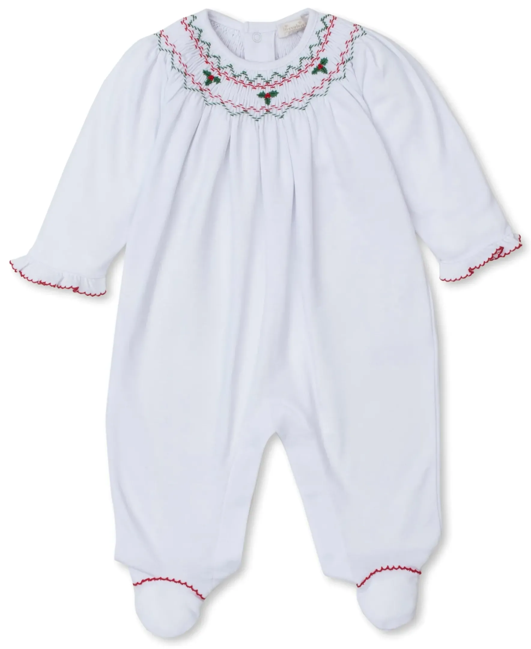 Kissy Kissy CLB Holiday Medley 24 White Hand Smocked Mistletoe Footie> Footies|Smocking + Hand Embroidery