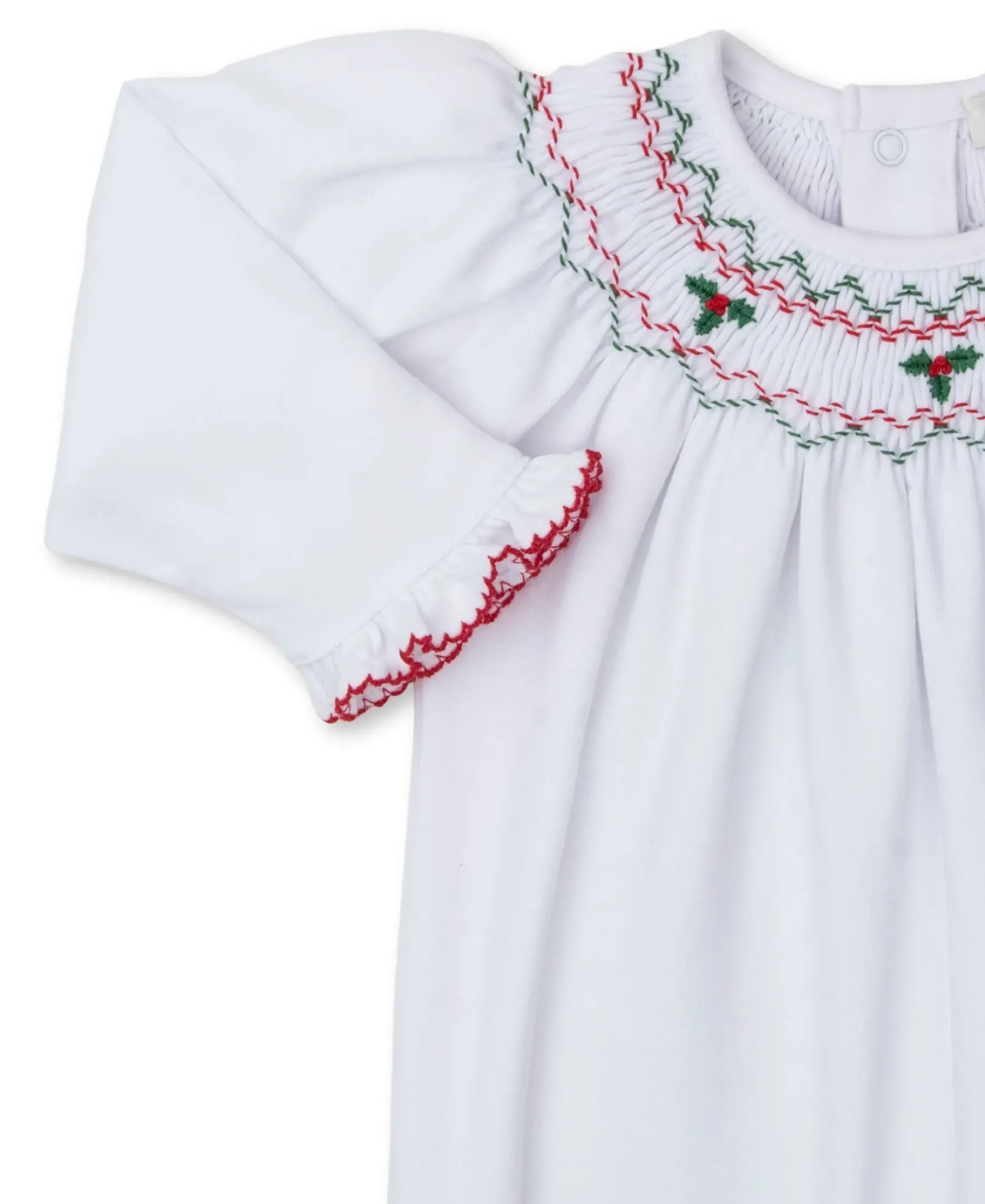 Kissy Kissy CLB Holiday Medley 24 White Hand Smocked Mistletoe Footie> Footies|Smocking + Hand Embroidery