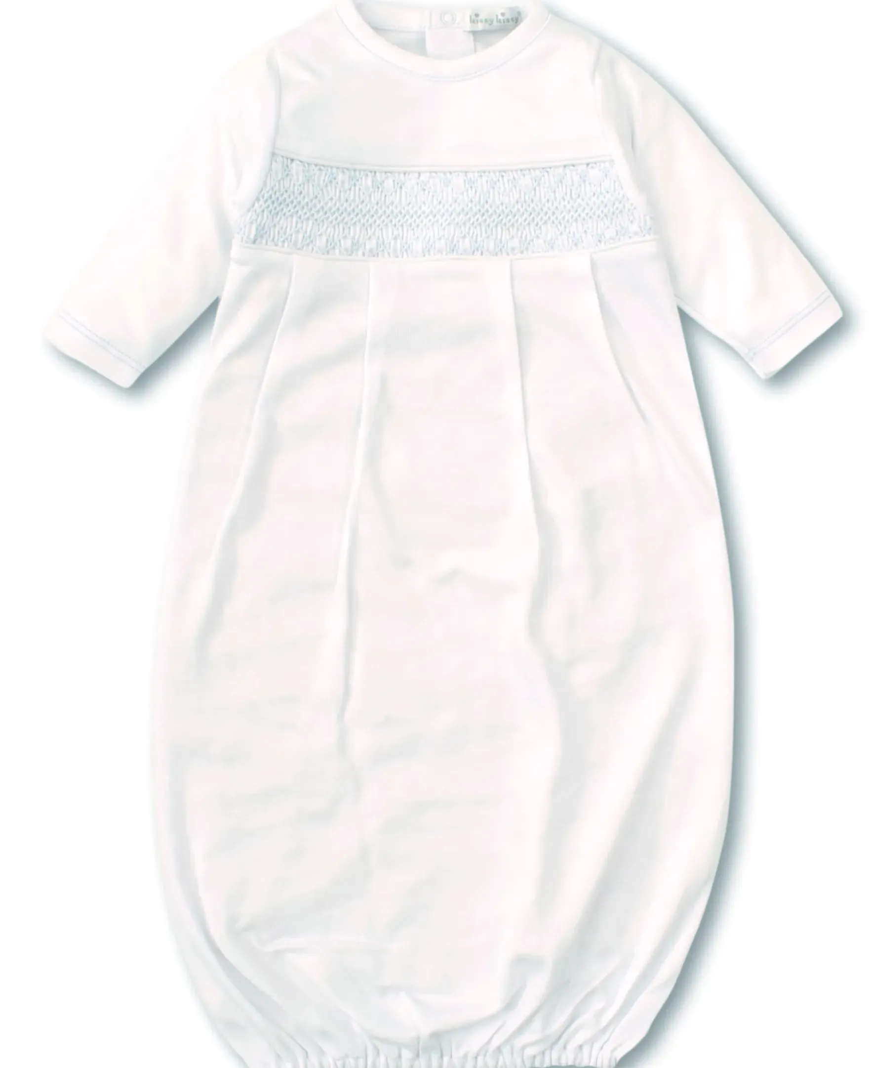 Kissy Kissy Hand Smocked CLB Charmed White/Blue Sack Gown> Smocking + Hand Embroidery|White Basics