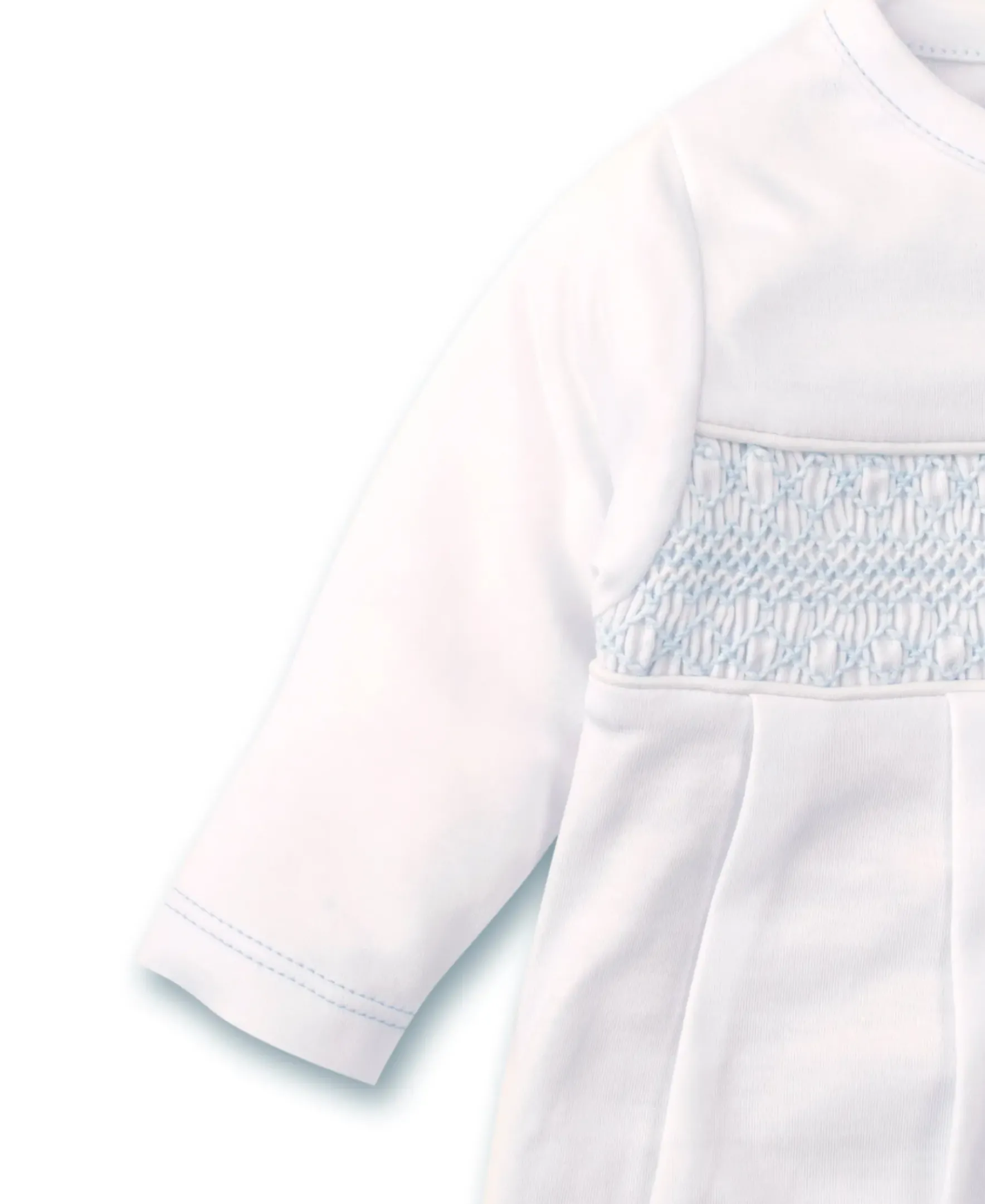 Kissy Kissy Hand Smocked CLB Charmed White/Blue Sack Gown> Smocking + Hand Embroidery|White Basics