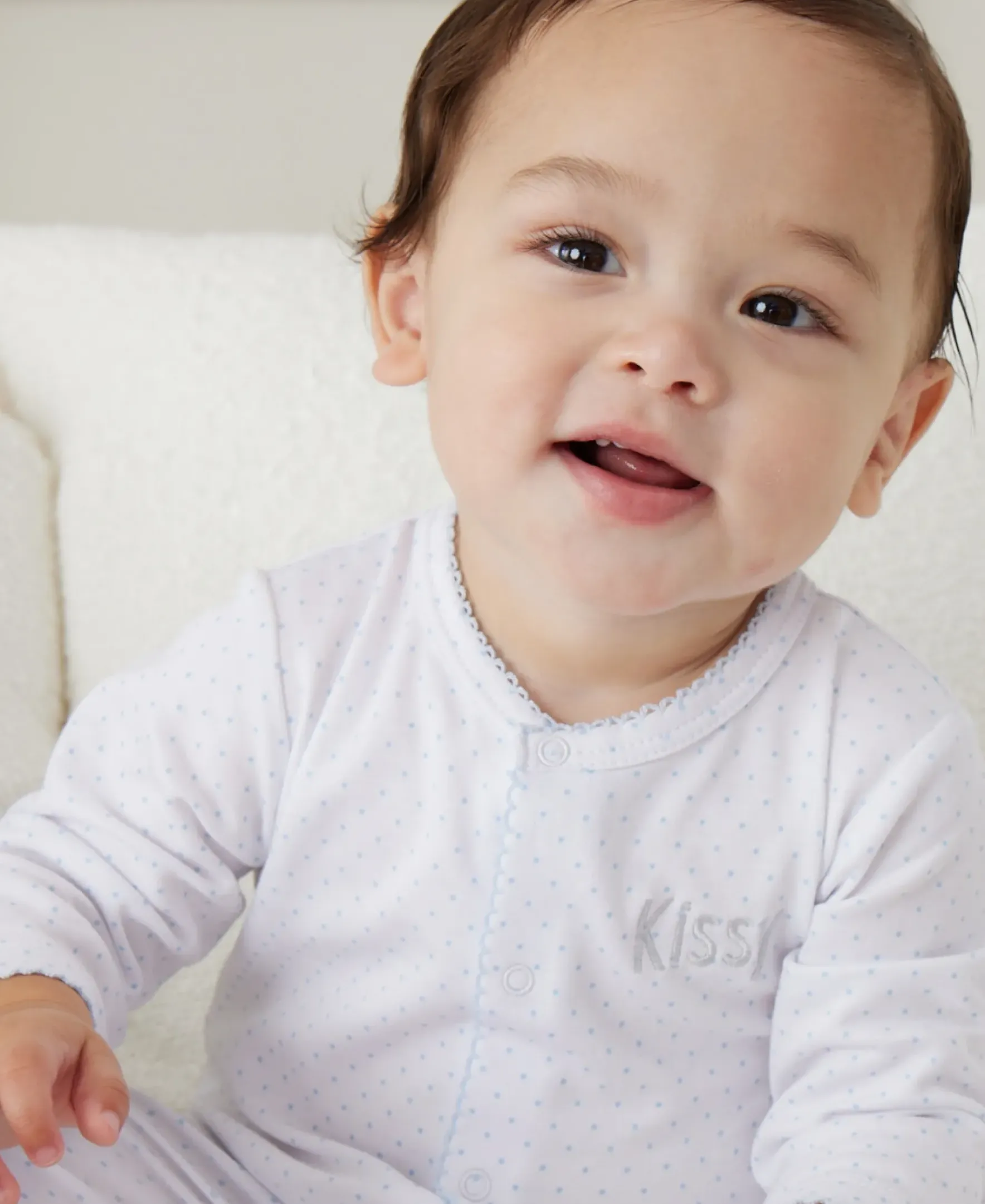 Kissy Kissy Personalized White/Blue New Kissy Dots Footie> Footies|White Basics