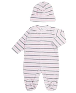 Kissy Kissy Pink Stripe Velour Footie & Hat Set> Hats|Footies