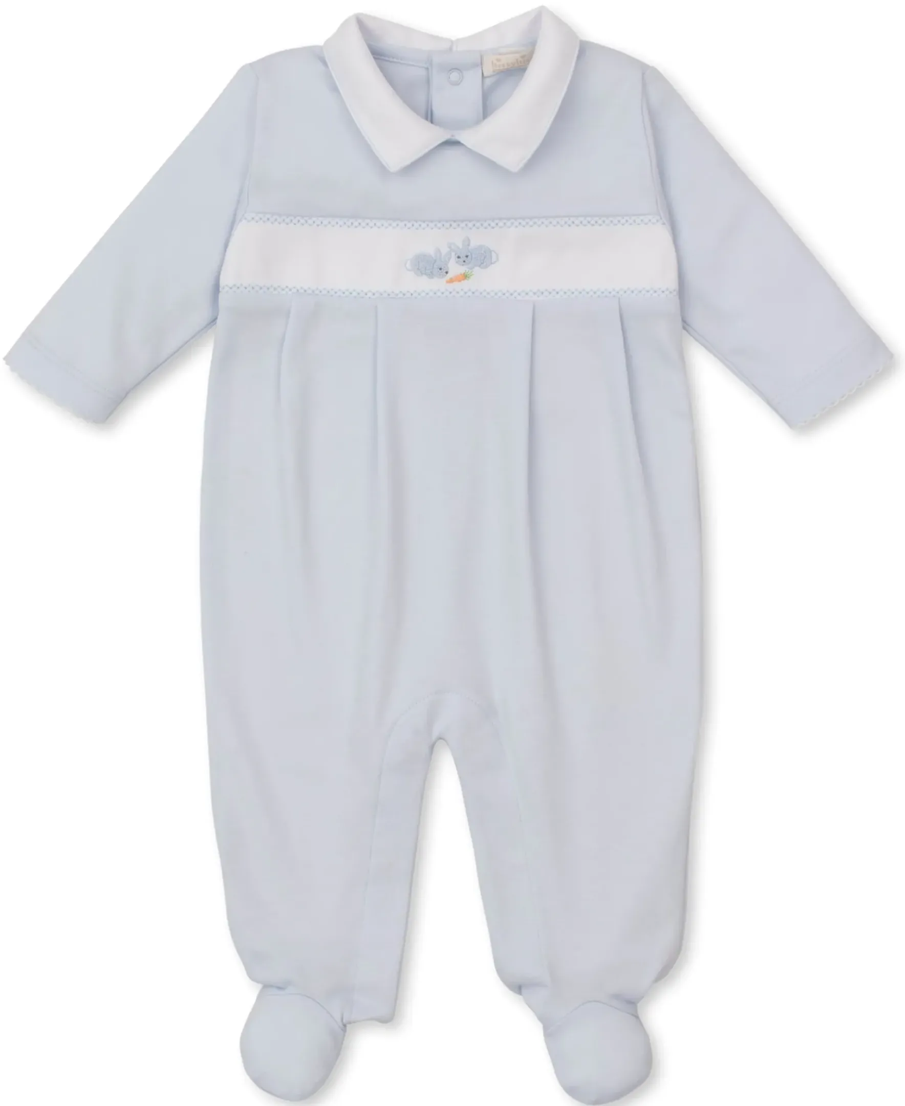 Kissy Kissy Premier Baby Bunny Patch Blue Hand Emb. Collar Footie> Footies|Smocking + Hand Embroidery