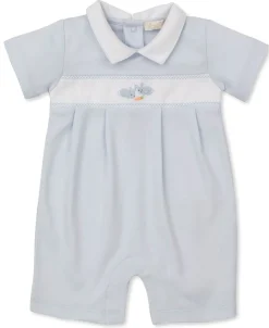 Kissy Kissy Premier Baby Bunny Patch Blue Hand Emb. Short Playsuit> Rompers|Smocking + Hand Embroidery