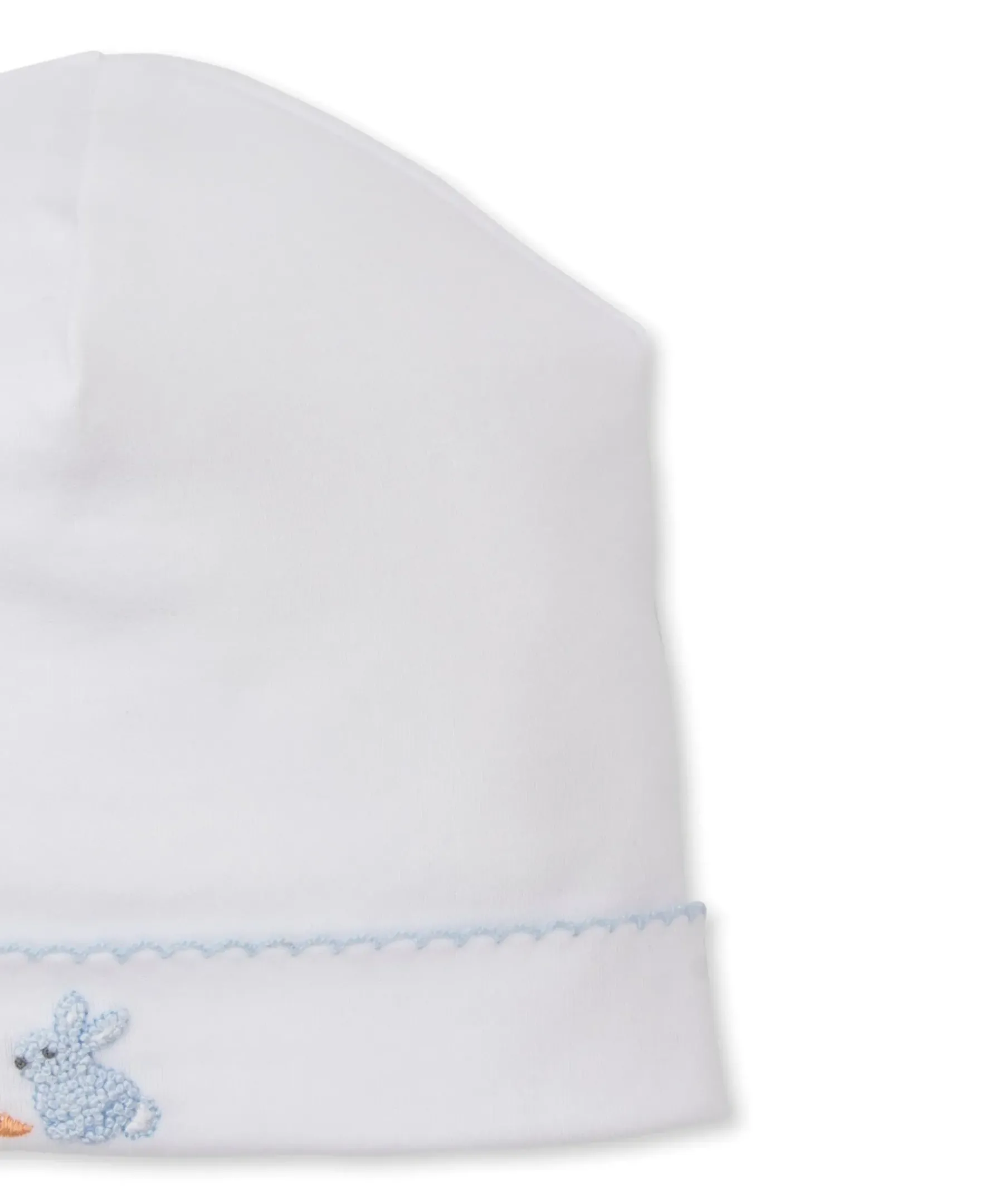 Kissy Kissy Premier Baby Bunny Patch Hand Emb. White/Blue Hat> Hats|Smocking + Hand Embroidery