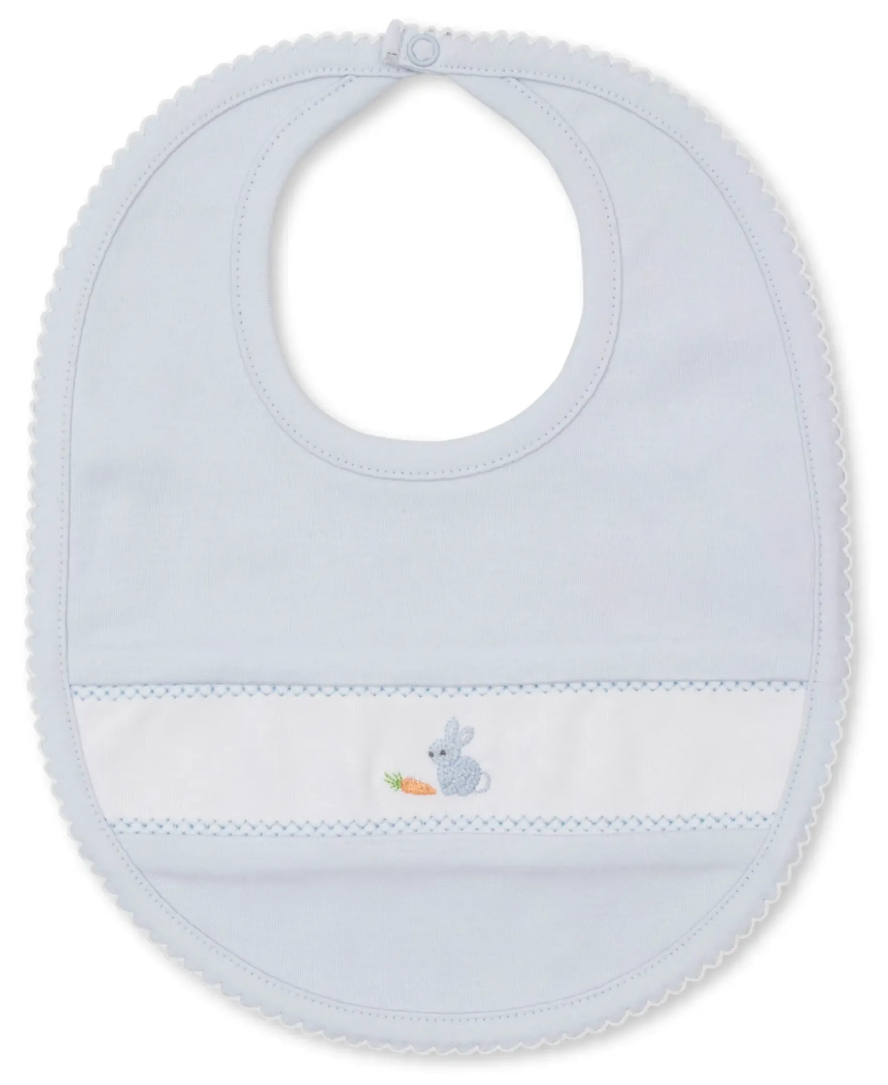 Kissy Kissy Premier Baby Bunny Patch Hand Emb. Blue Bib> Bibs|Smocking + Hand Embroidery