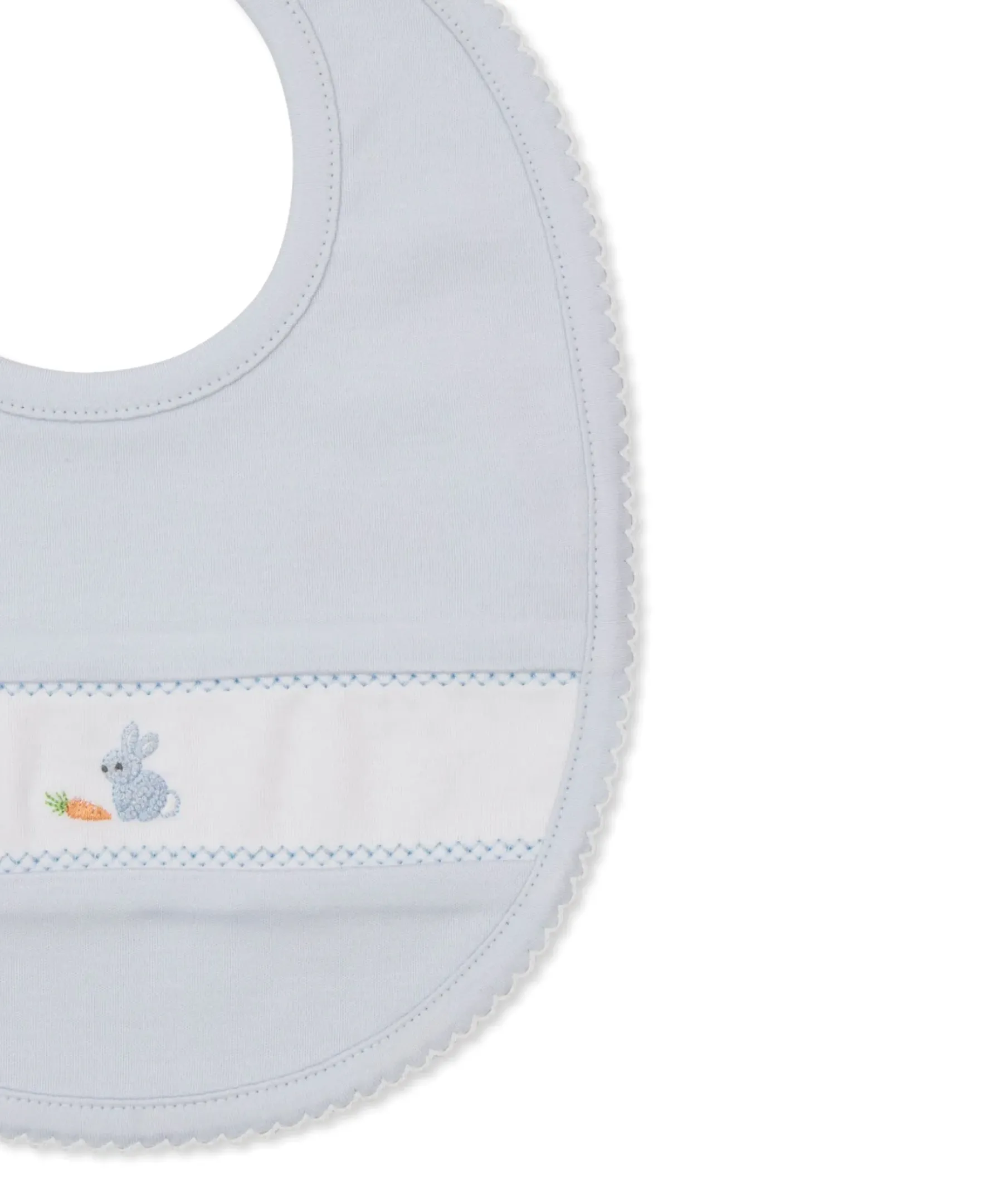 Kissy Kissy Premier Baby Bunny Patch Hand Emb. Blue Bib> Bibs|Smocking + Hand Embroidery