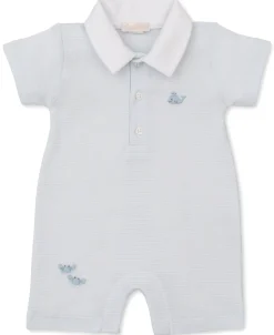 Kissy Kissy SCE Crabs & Whales Blue Hand Emb. Short Stripe Playsuit> Playsuits|Smocking + Hand Embroidery