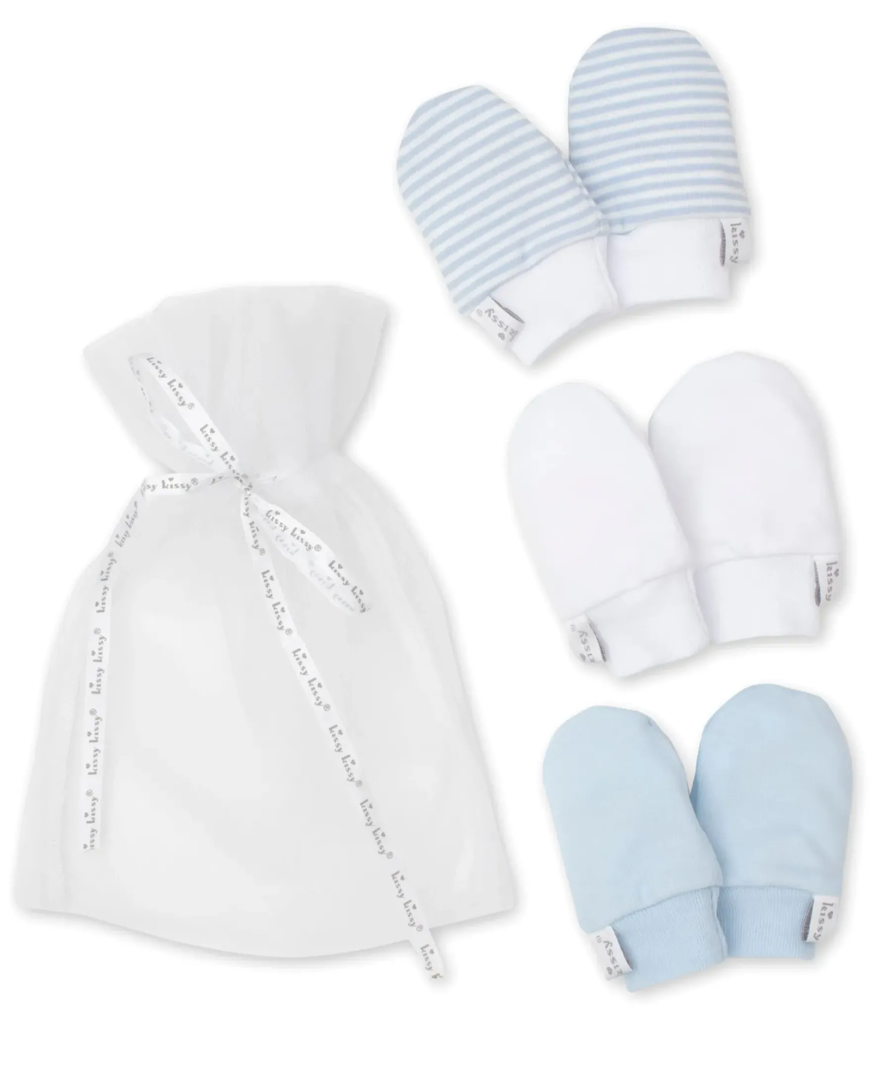 Kissy Kissy Simples Stripes 3 Pack Blue Mittens Set w/ Tulle Bag> Mittens|Multipacks + Sets