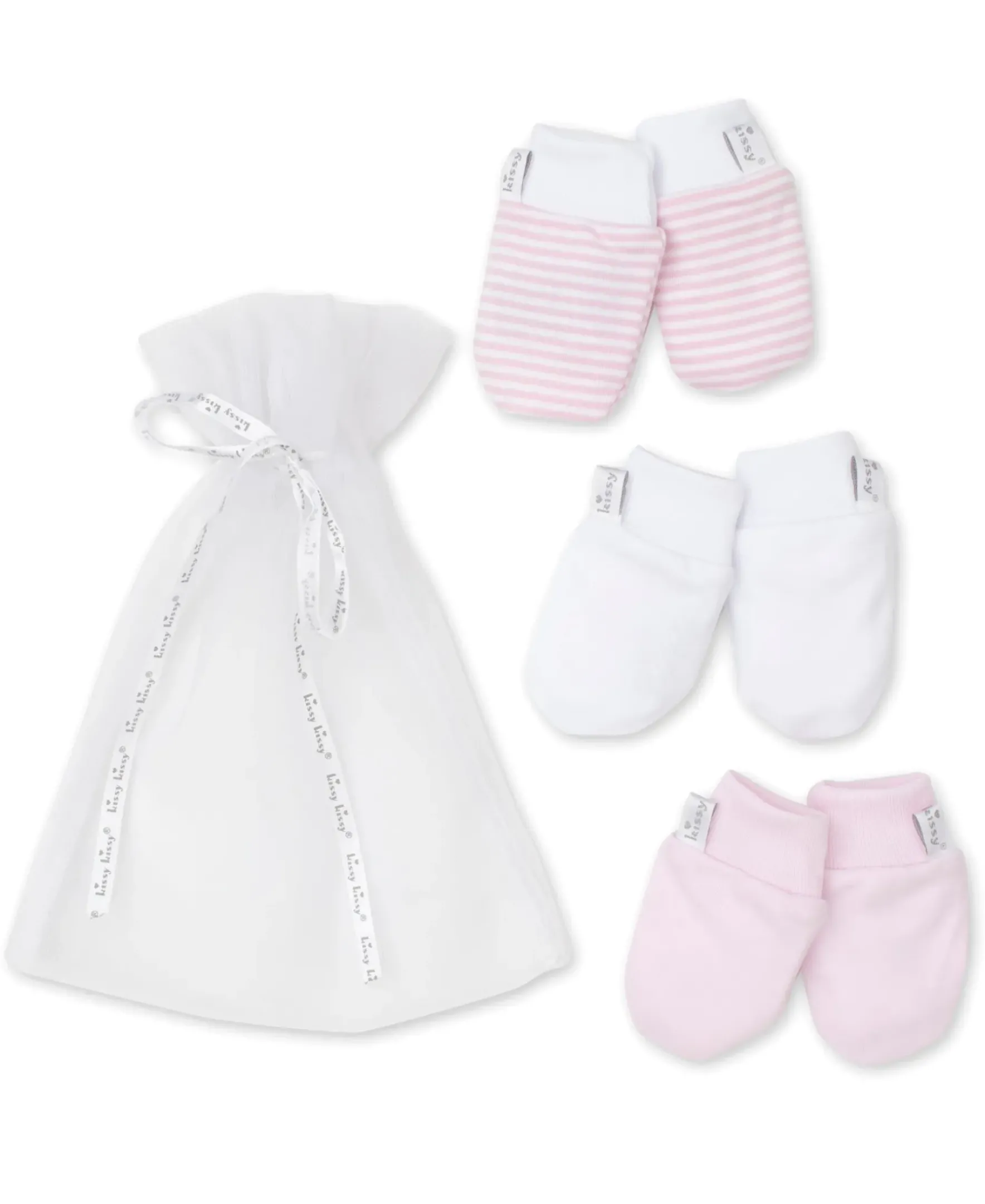 Kissy Kissy Simple Stripes 3 Pack Pink Mittens Set w/ Tulle Bag> Mittens|Multipacks + Sets