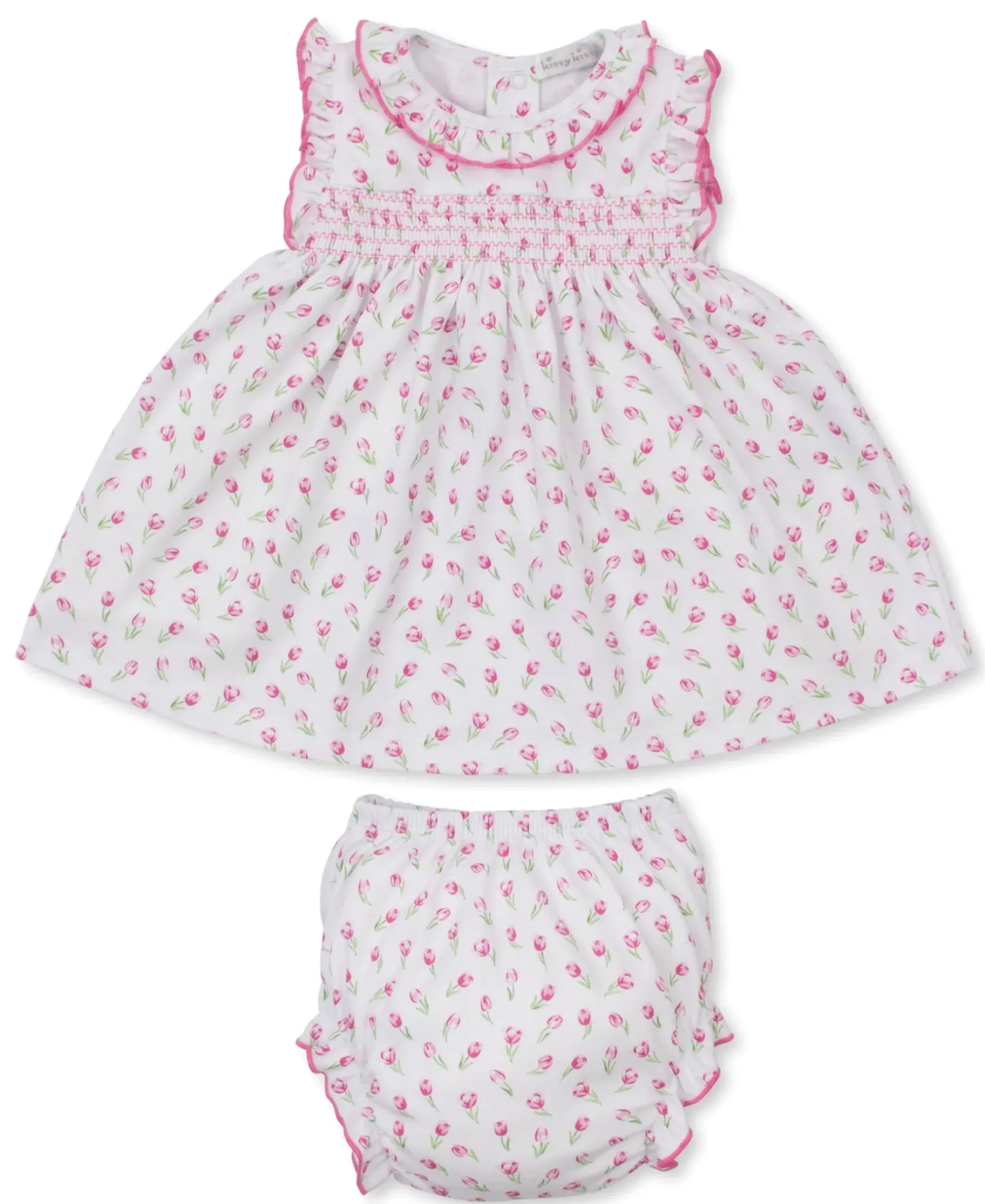 Kissy Kissy Tulip Blossoms White Smocked Dress Set> Dresses + Bubbles|Smocking + Hand Embroidery