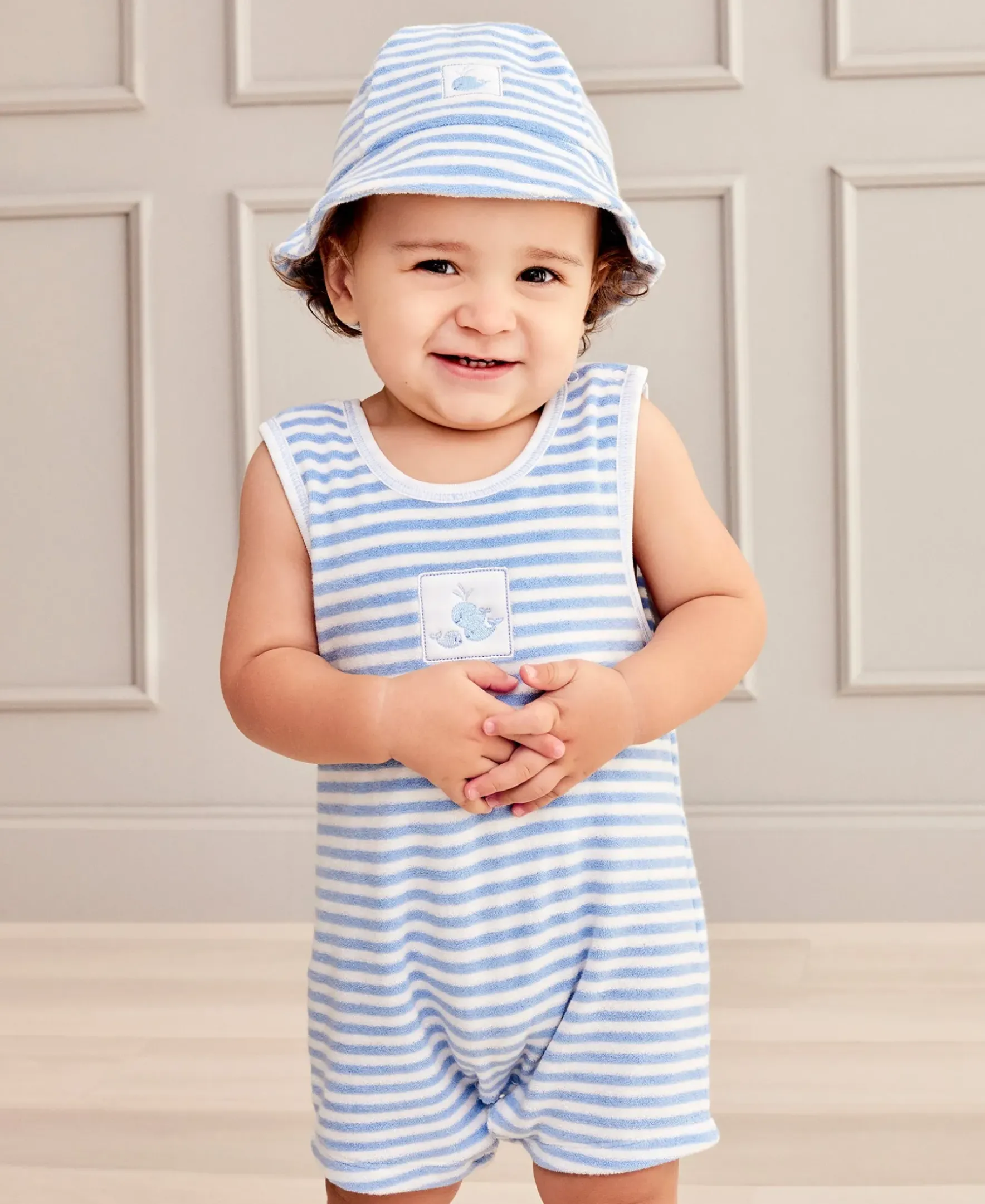 Kissy Kissy Whale Wonder Blue Stripe Terry Sleeveless Playsuit> Playsuits|Rompers