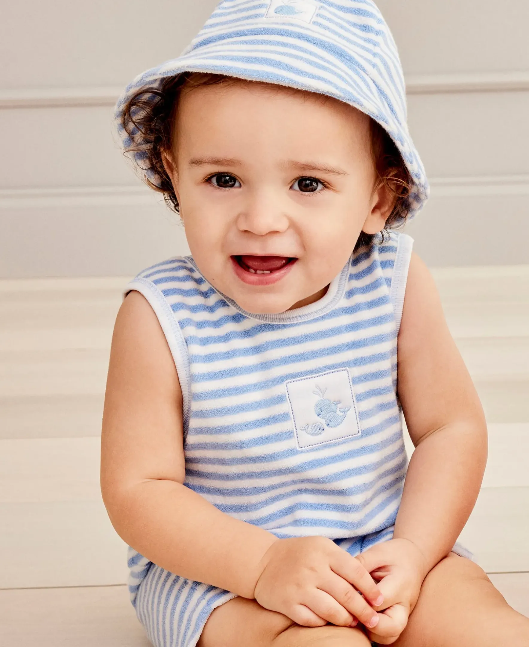 Kissy Kissy Whale Wonder Blue Stripe Terry Sleeveless Playsuit> Playsuits|Rompers